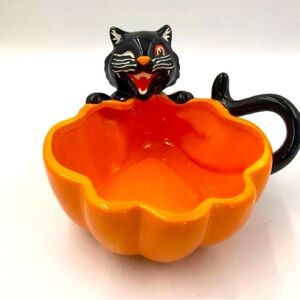 Transpac Ceramic 6.5in Halloween Black Cat & Pumpkin Candy Dish